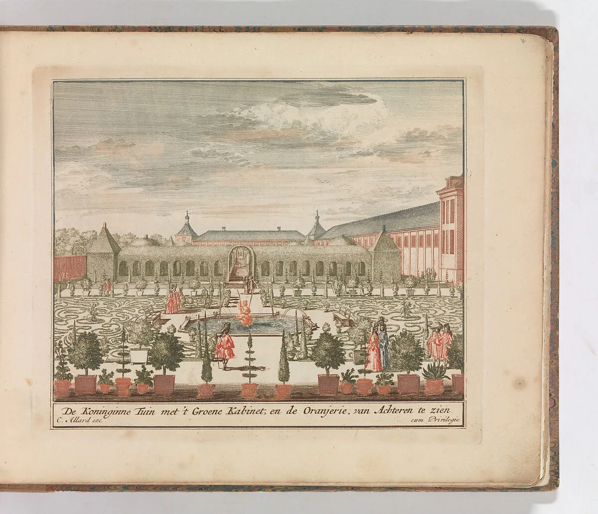 ' ’De Koninginne Tuin met 't Groene Kabinet , en de Oranjerie, van Achteren gezien", in: Tooneel Der Voornaamste Nederlands Huizen, En Lust Hoven, Naar T Leven Afgebeeld — Carel Allard|Lorenz Scherm