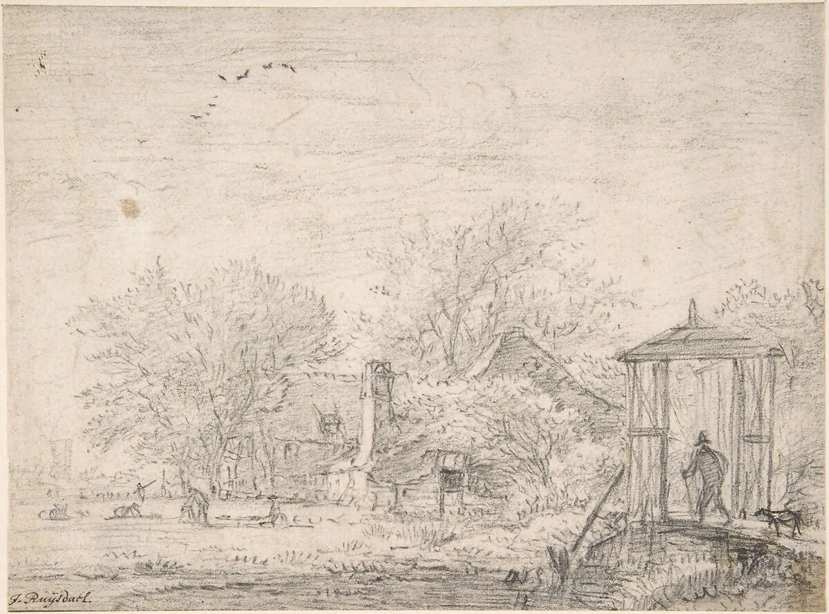 House among Trees, at Right Man and Dog on a Footbridge — Jacob van Ruisdael