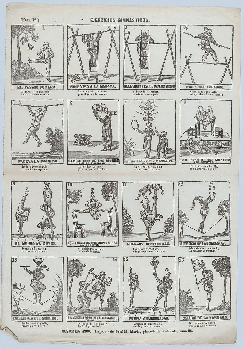 Broadside with 16 scenes showing gymnastic exercises — José María Marés