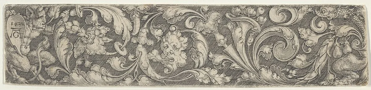 Frieze with Tendrils Growing from a Plant at Right and a Satyr Holding a Shield with the Artist's Monogram — Heinrich Aldegrever
