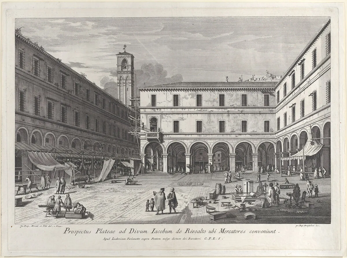 View of the market square near the church of San Giacomo — Lodovico Furlanetto|Giovanni Battista Brustolon|Giovanni Battista Moretti