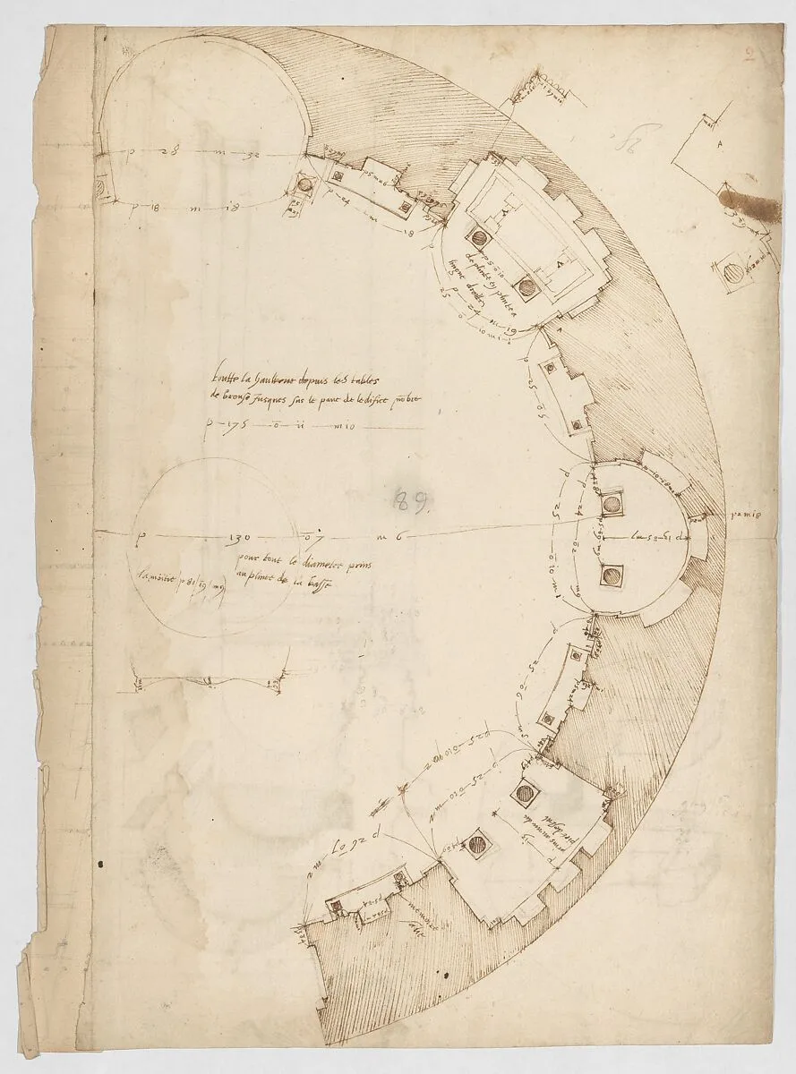 Pantheon, partial plan; details (recto) Pantheon, rectangular niche, perspective; vault, detail (verso) — Anonymous, French, 16th century