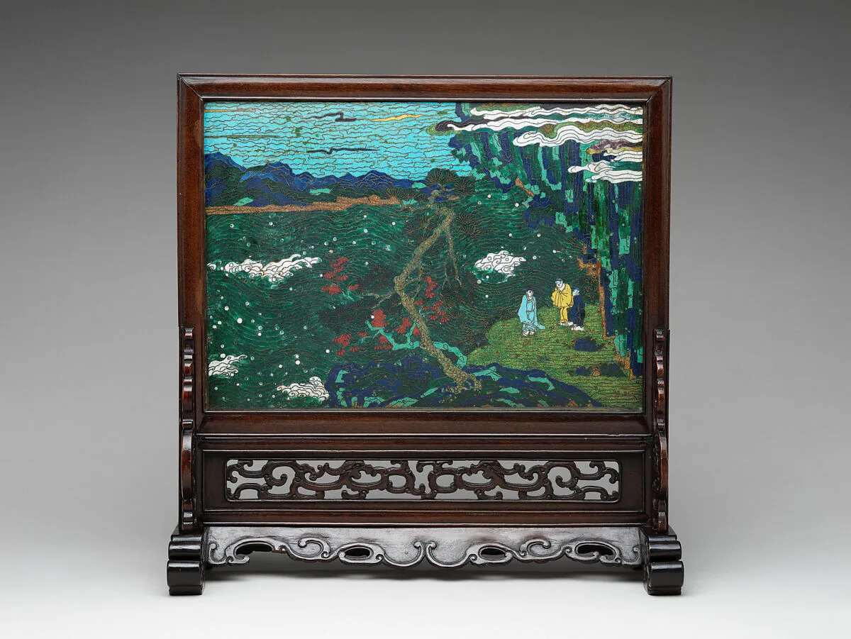 明中期 掐絲琺瑯山水人物圖插屏|Table screen with landscape — Unknown
