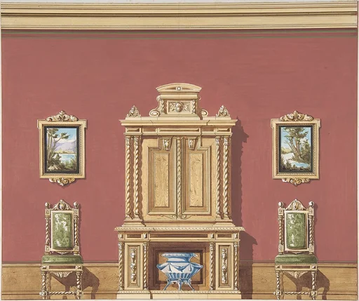 Interior Design with a Central Cabinet, Two Chairs and Two Landscape Paintings against a Red Wall