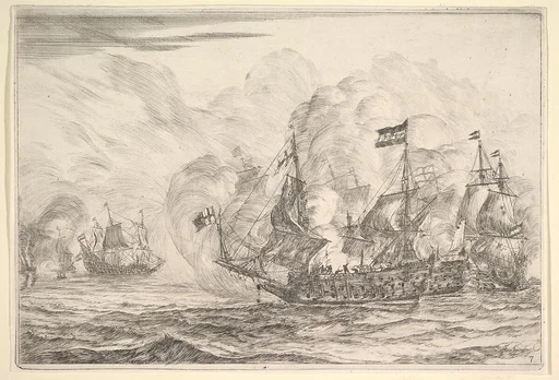Naval Encounter with Three Vessels on the Right, from Naval Battles (Nieuwe Scheeps Batalien), plate 7