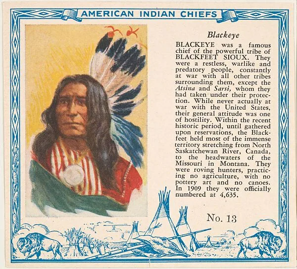 Card No. 13, Blackeye, from the Indian Chiefs series (T129) issued by Red Man Chewing Tobacco — Red Man Chewing Tobacco