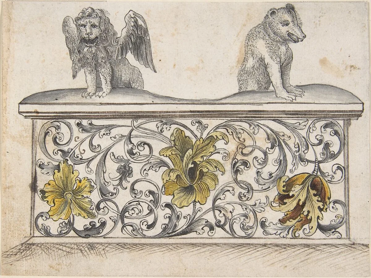Ornamental design for front of a chest with winged lion and bear — Anonymous, French, 19th century|Anonymous, German, 19th century