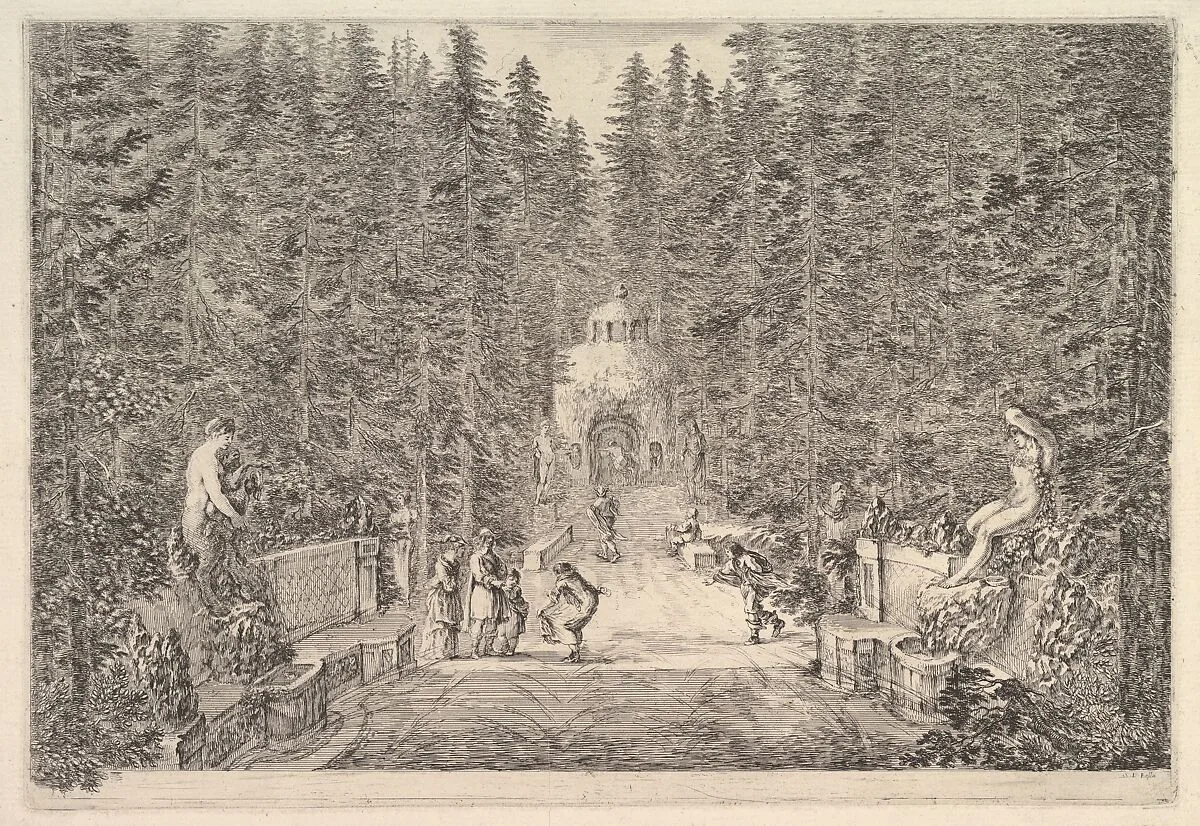 An avenue lined with statues in a pine forest, jets of water issuing from the ground, various figures in center, a small building in background center, from 'Views of the villa at Pratolino' (Vues de la villa de Pratolino) — Stefano della Bella
