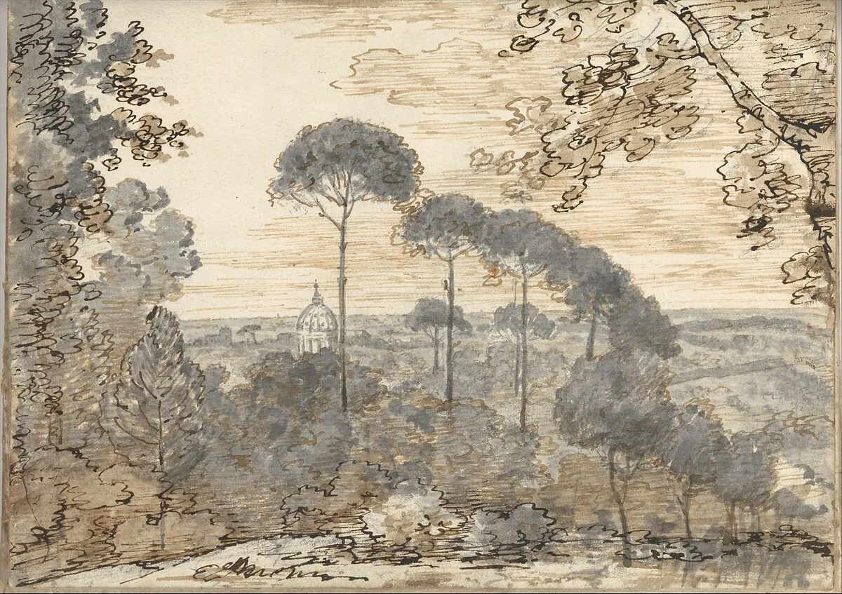 Landscape with Domed Church (Smaller Italian Sketchbook, leaf 38 recto) — Joseph Wright (Wright of Derby)