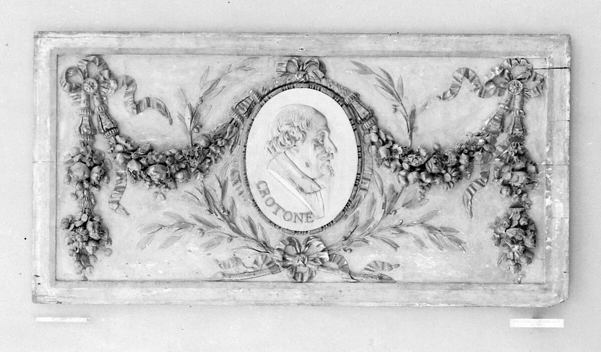 Panel for a decorative frieze with portrait of da Cortona (from a set of six) — Unknown