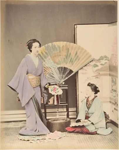 [Two Japanese Women in Traditional Dress with Fan and Screen]