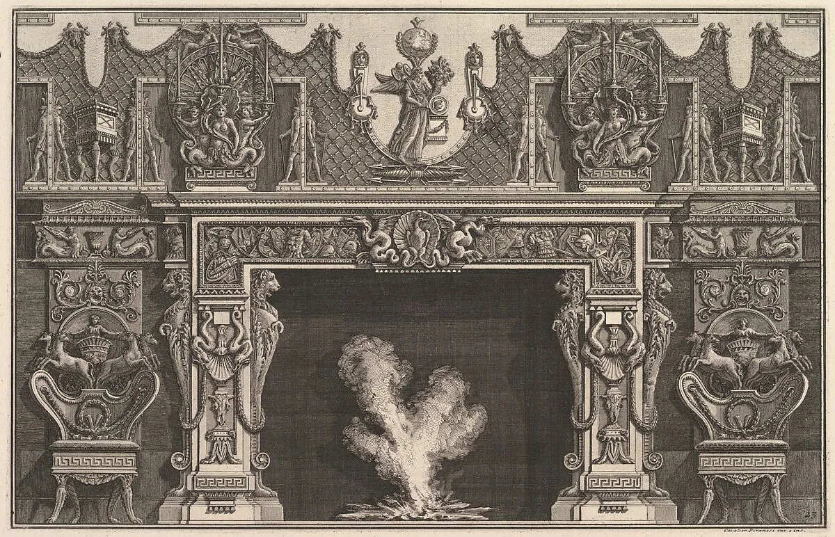 Bird in shell at the center of the lintel, with a frieze of trophies, surmounted by an overmantel with candelabra and flanked by chairs. (Ch. décorée d'une frise de casques et d'armures . . .) — Giovanni Battista Piranesi