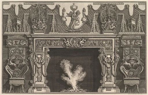 Bird in shell at the center of the lintel, with a frieze of trophies, surmounted by an overmantel with candelabra and flanked by chairs. (Ch. décorée d'une frise de casques et d'armures . . .)