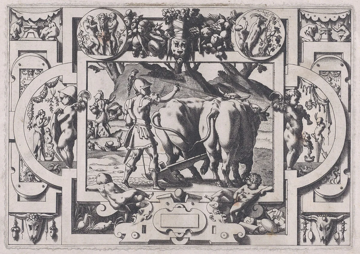 Jason Sows the Dragon's Teeth (Jason les dompte et sous le joug enserre et labourer leur fait de Mars la terre...), from "Jason and the Golden Fleece" — René Boyvin|Leonard Thiry