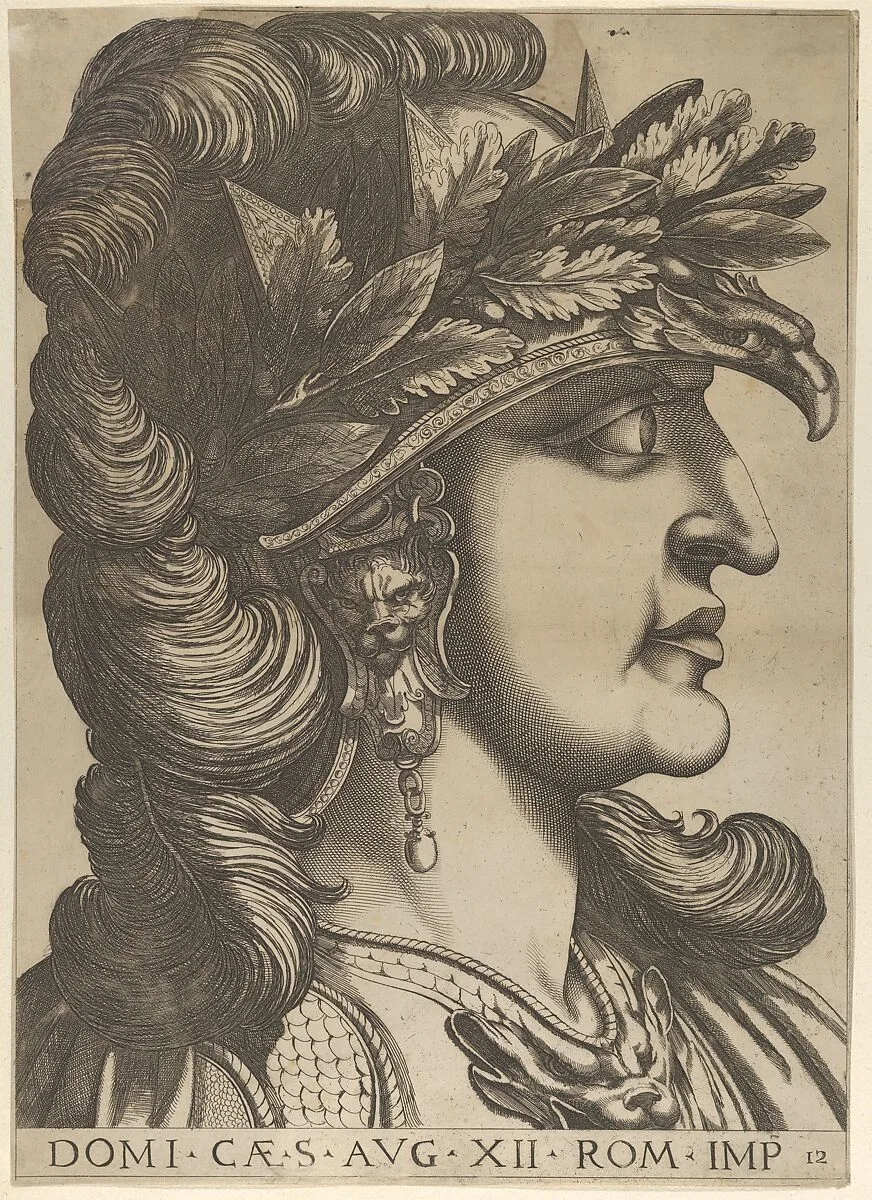 Plate 12: Domitian in profile to the right, from "The Twelve Caesars" — Anonymous|Raffaello Schiaminossi