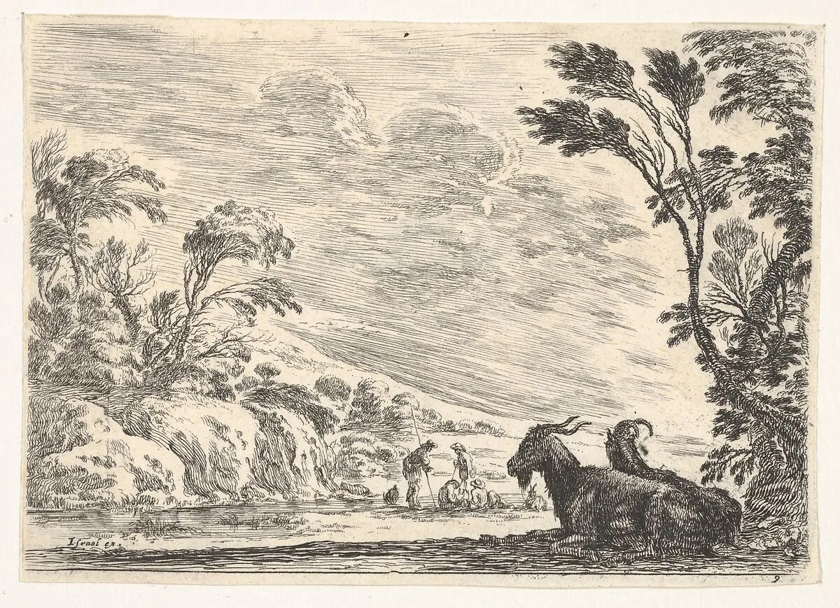 Plate 9: Two goats resting to right, turned towards the left, four men and a horse in a river in the background, from 'Various Figures' (Agréable diversité de figures) — Stefano della Bella|Israël Henriet