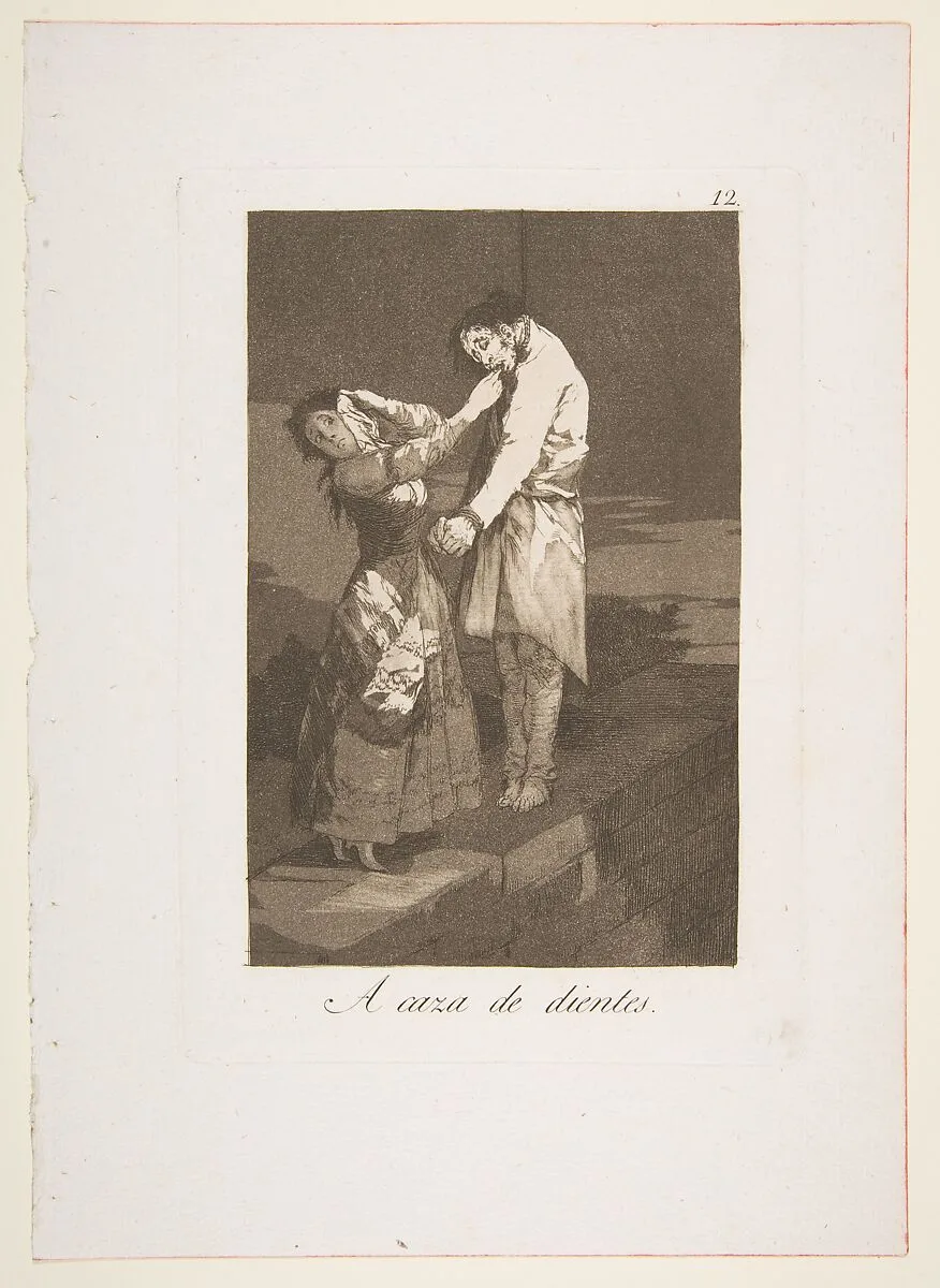 Plate 12 from "Los Caprichos": Out hunting for teeth (A caza de dientes) — Goya (Francisco de Goya y Lucientes)