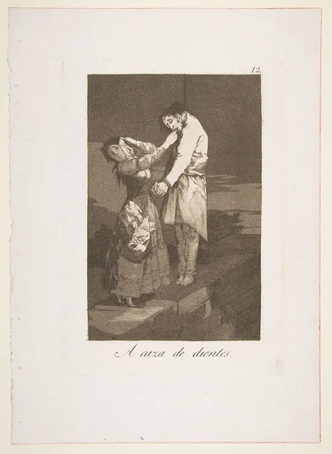 Plate 12 from "Los Caprichos": Out hunting for teeth (A caza de dientes)