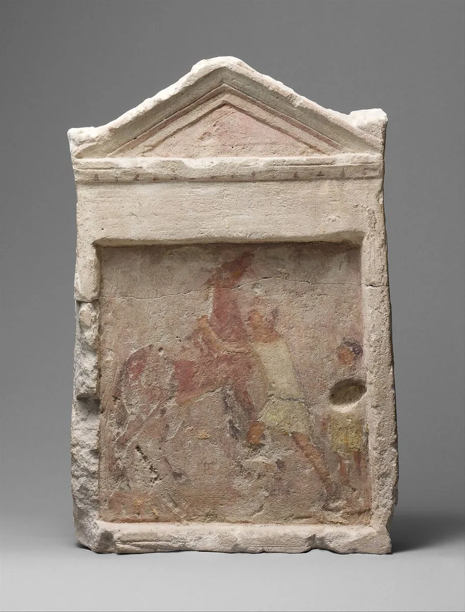 Painted limestone funerary slab with a man controlling a rearing horse — Unknown