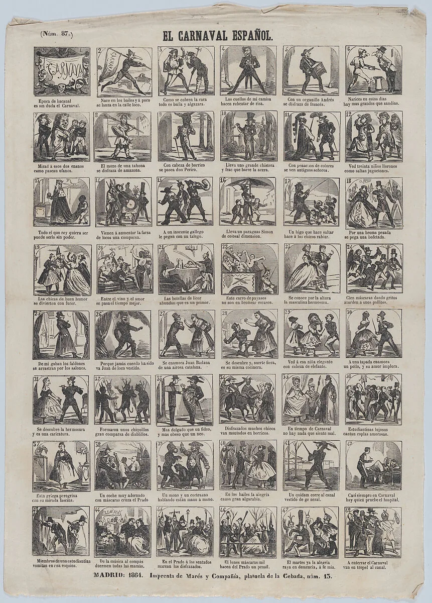 Broadside with 48 scenes depicting carnival in Spain — José María Marés