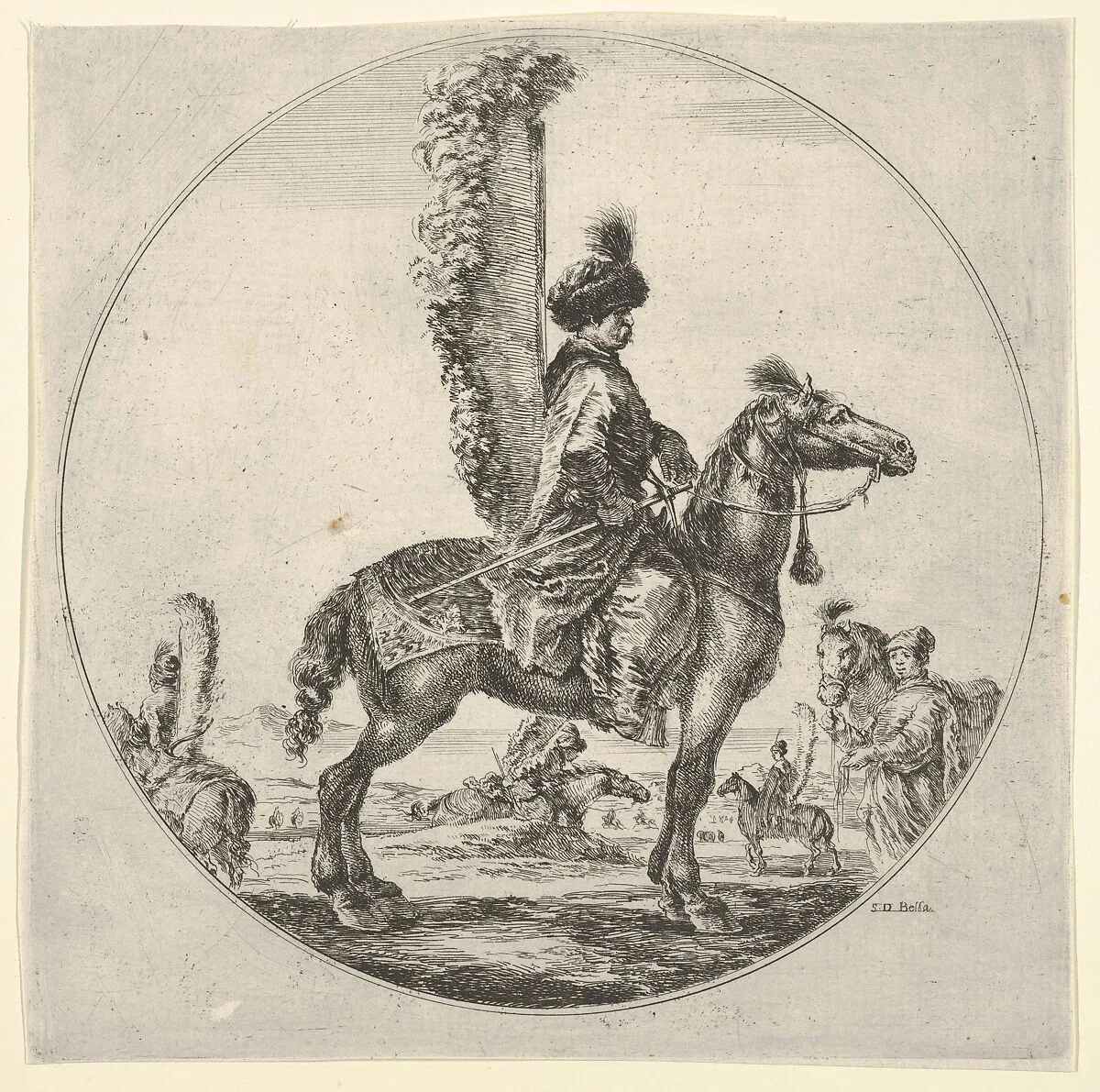 Polish hussar in profile facing right with wings attached to his back, a circular composition, from 'Figures on Horseback' (Cavaliers nègres, polonais et hongrois) — Stefano della Bella