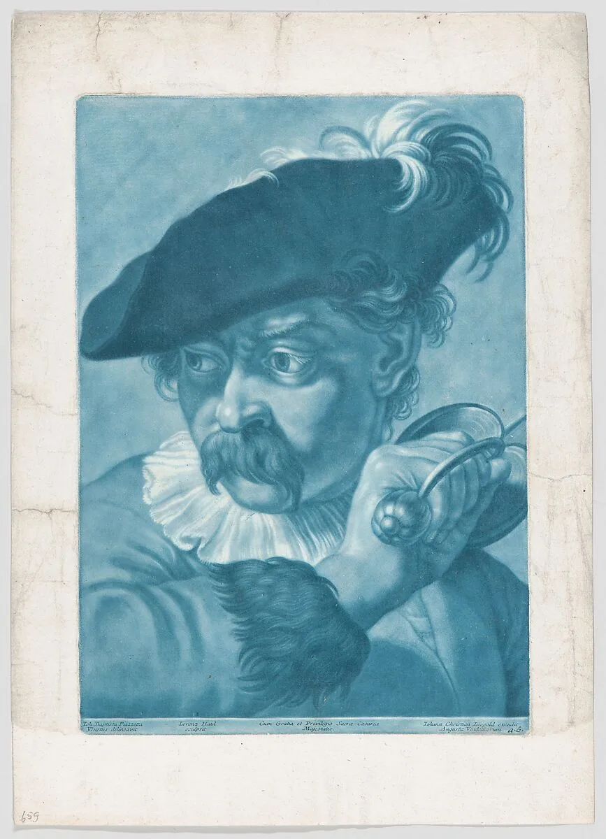 Imaginary portrait head of a man in a feathered hat; from the series of 22 imaginary portrait heads after Giovanni Battista Piazzetta — Johann Lorenz Haid|Giovanni Battista Piazzetta|Johann Christian Leopold