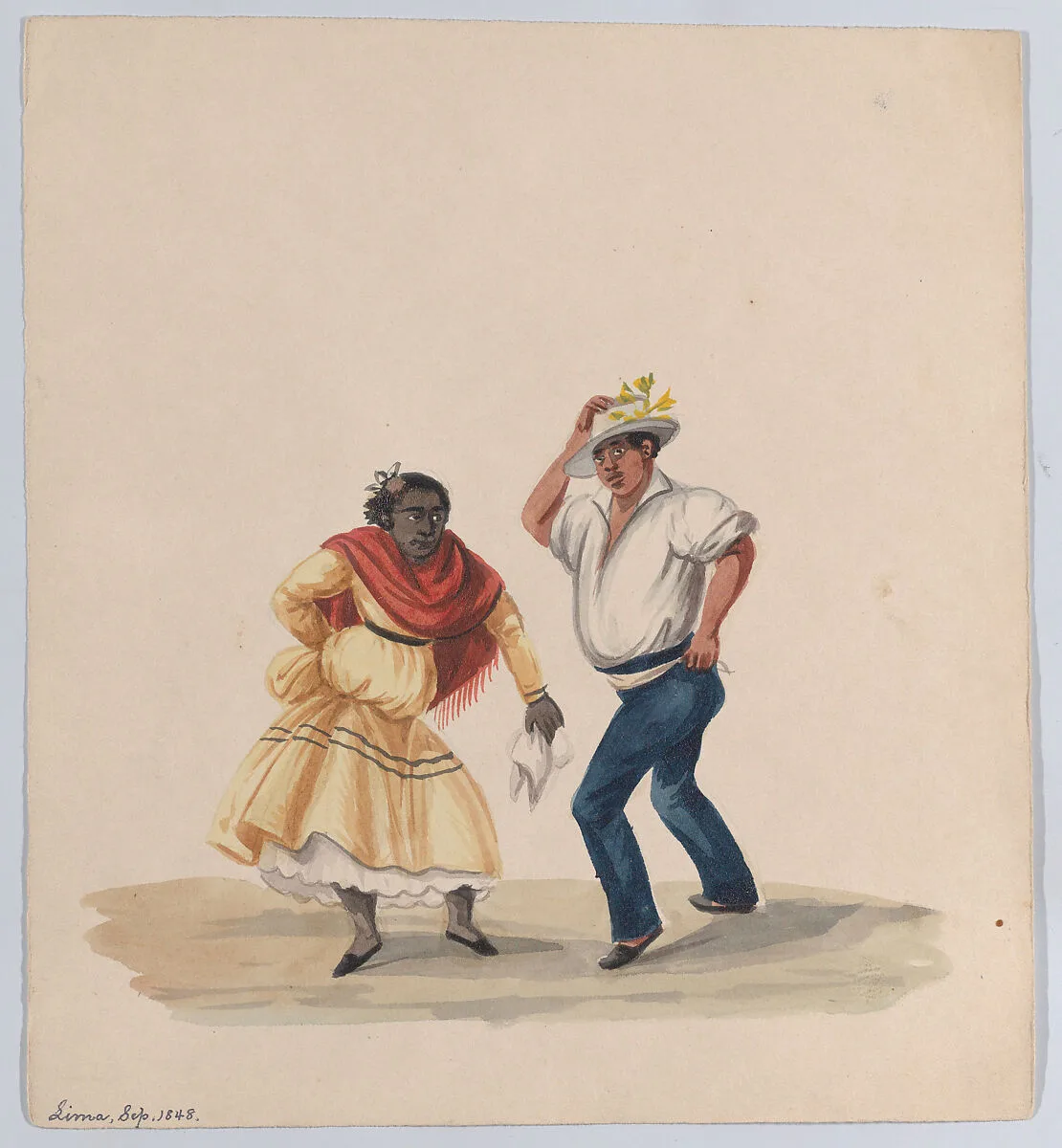 A man and a woman dancing, from a group of drawings depicting Peruvian dress — Francisco (Pancho) Fierro