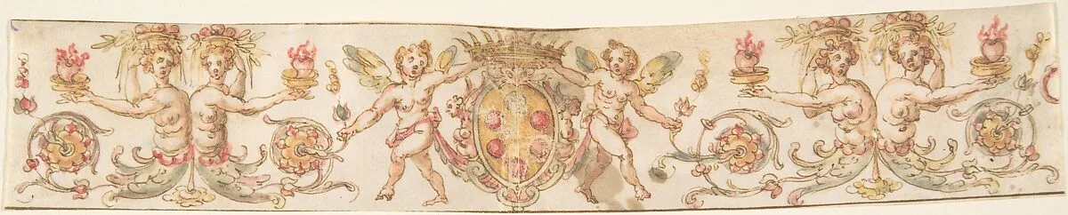 Frieze with Medici Coat of Arms and Putti (Embroidery Design?) — Anonymous, Italian, 16th century