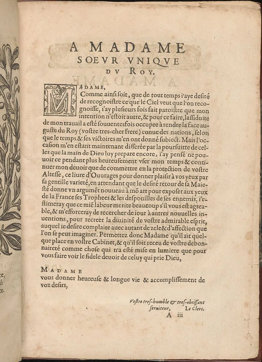 Les Secondes Oeuvres, et Subtiles Inventions De Lingerie du Seigneur Federic de Vinciolo Venitien, page 3 (recto) — Federico de Vinciolo|Jean Le Clerc|Catherine de Bourbon