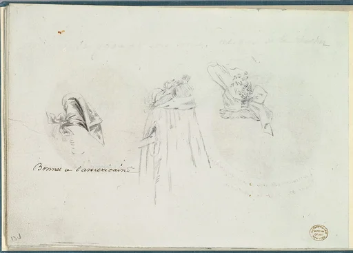 Three Costume Sketches of a Bonnet, a Cloak, and a Hat
