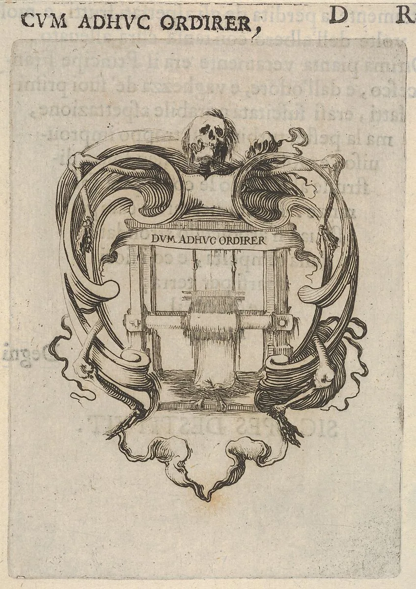 A cartouche with a loom, a skull at top, bones to either side, from 'Eight Emblems for the Funeral of Francesco de Medici' (Huit emblèmes pour les funérailles du prince François de Médicis) — Stefano della Bella