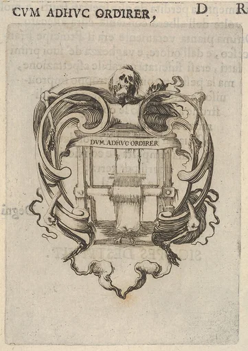 A cartouche with a loom, a skull at top, bones to either side, from 'Eight Emblems for the Funeral of Francesco de Medici' (Huit emblèmes pour les funérailles du prince François de Médicis)