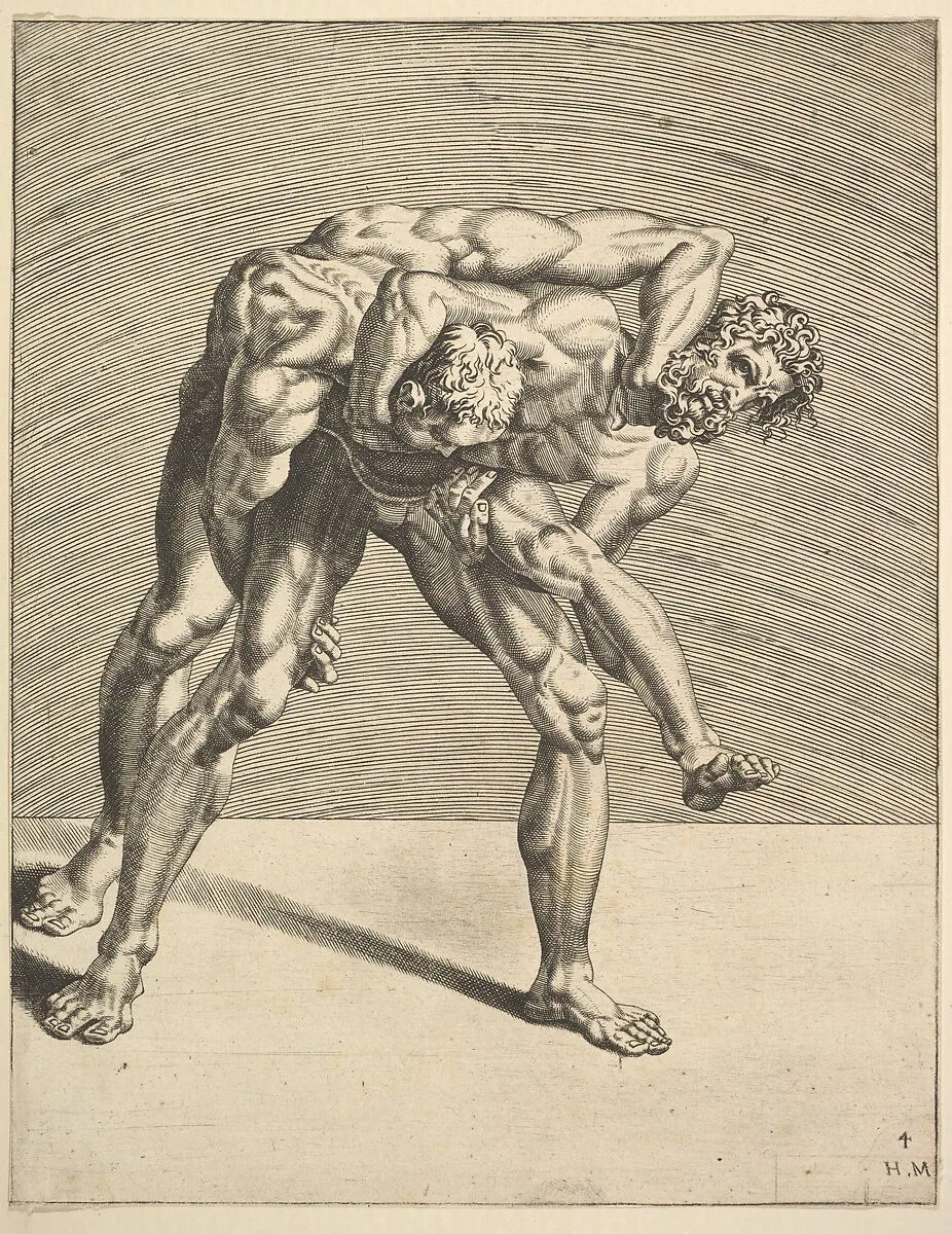 Two Wrestlers, from Wrestlers, plate 4 — Maarten van Heemskerck|Dirck Volckertsz Coornhert