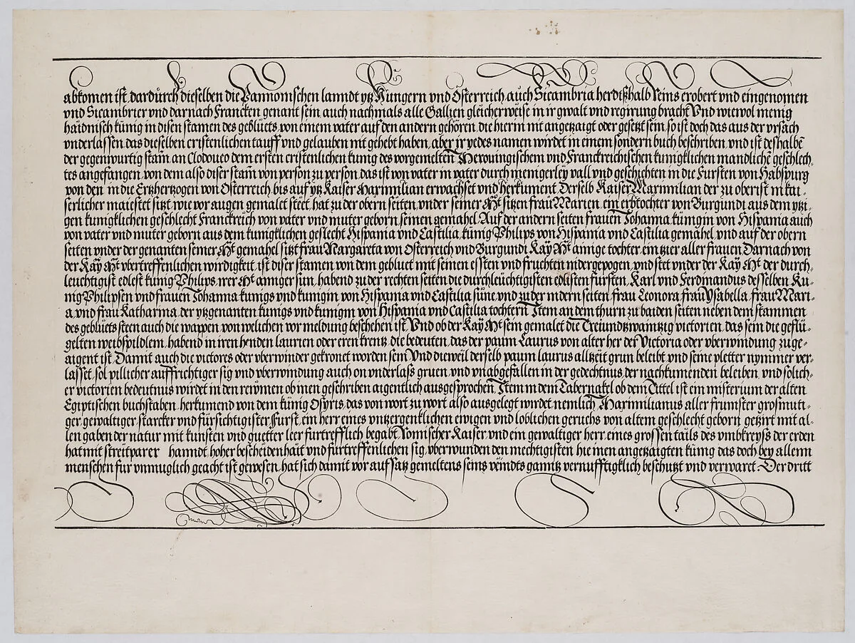Explanatory Text, Part II, from the Arch of Honor, proof, dated 1515, printed 1517-18 — Hieronymus Andreae|Johann Neudörffer the Elder