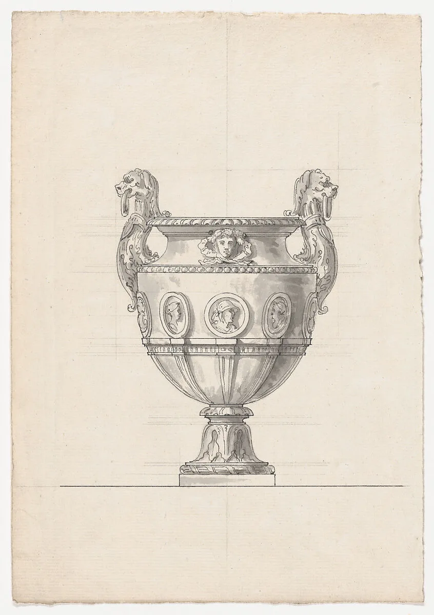 Bronze Garden Vase with Portrait Medallions and Hybrid Lion-shaped Handles, possibly related to the Gardens of Versailles — Claude Ballin the Elder