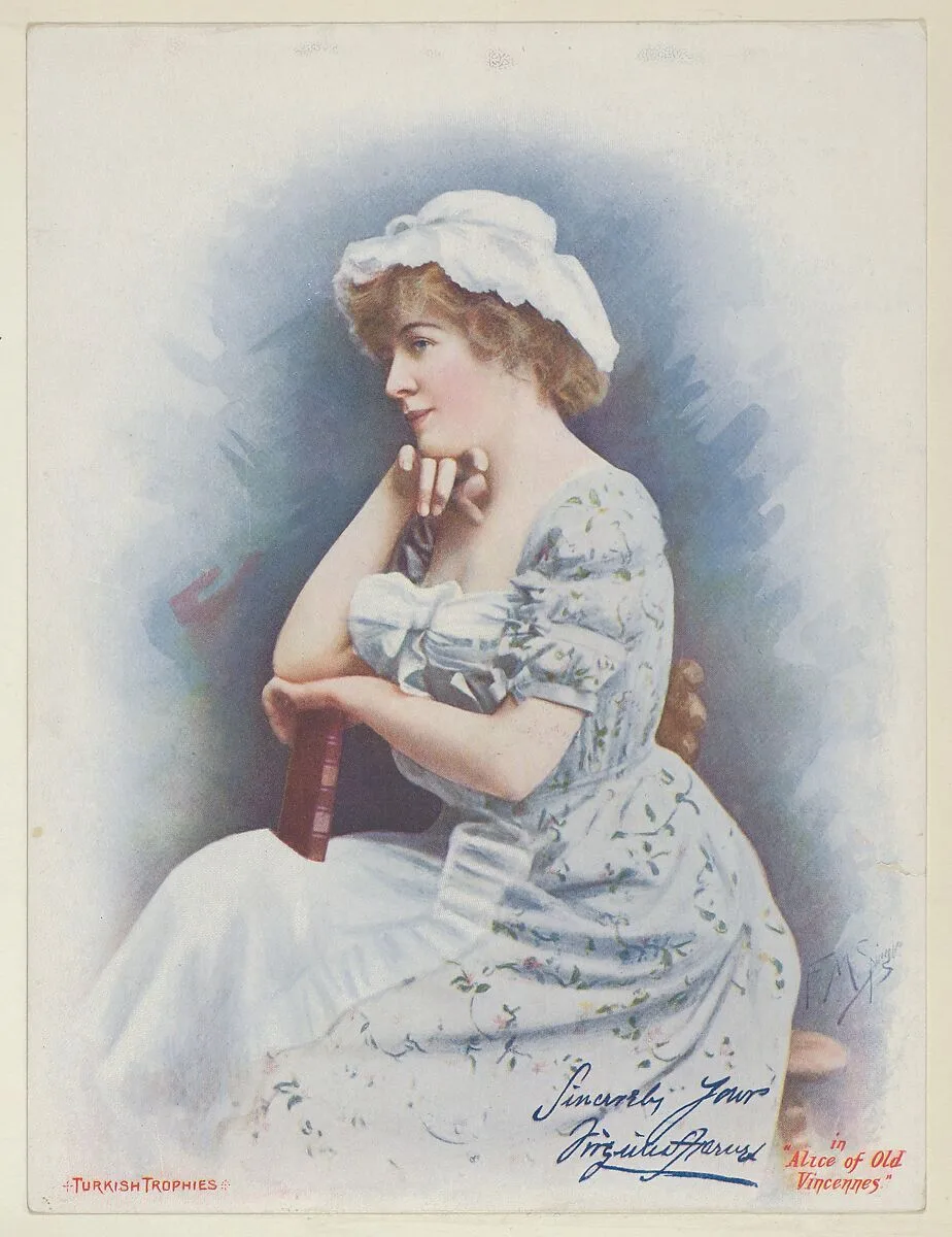 Alice of Old Vincennes, from the Actresses series (T1), distributed by the American Tobacco Co. to promote Turkish Trophies Cigarettes — American Tobacco Company|Frederick Moladore Spiegle
