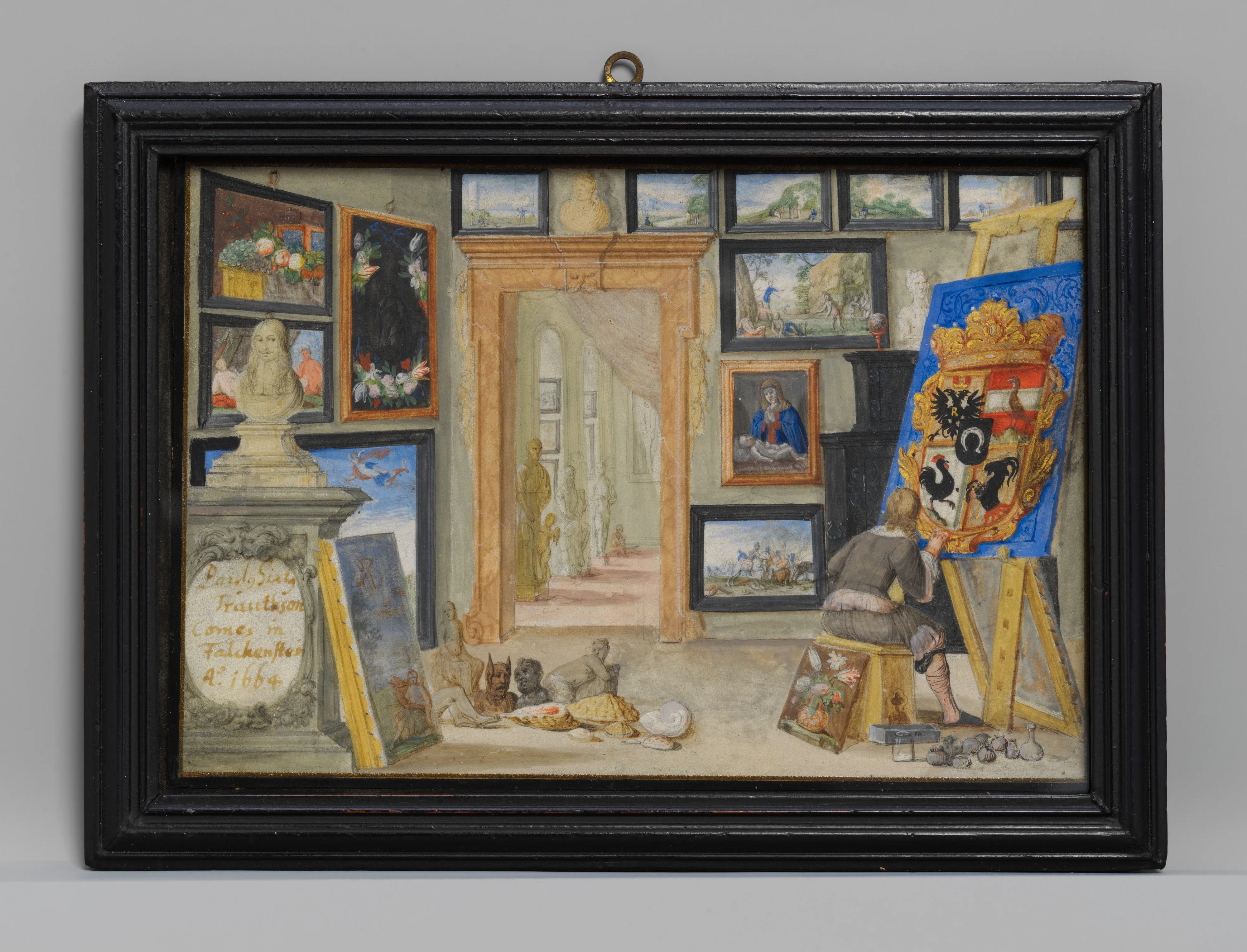 An Artist Painting a Heraldic Shield in a Cabinet of Curiosities — Monogrammist FA