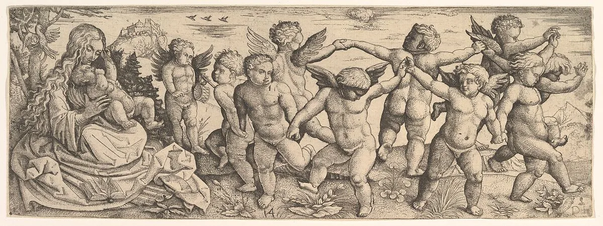 Virgin and Child with Angels Dancing in a Landscape — Daniel Hopfer|Marcantonio Raimondi|Lucas Cranach the Elder|Albrecht Dürer