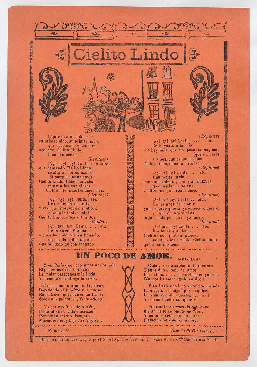 Broadsheet with love songs, man playing an instrument and singing outside of his lover's window — Antonio Vanegas Arroyo|José Guadalupe Posada