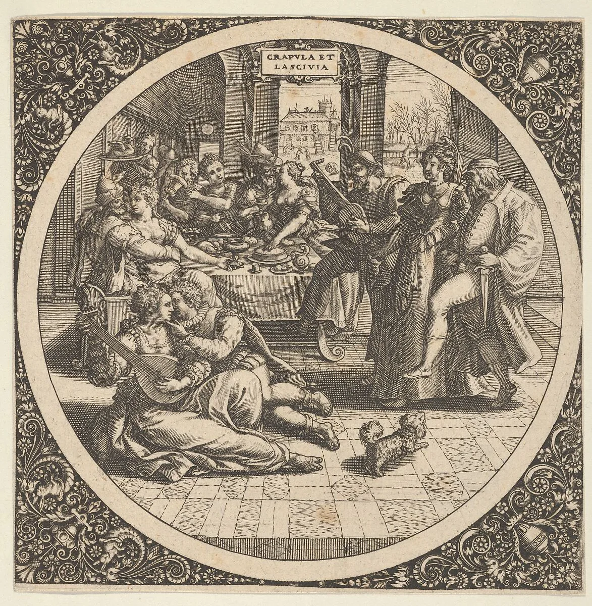 Scene with Galants at a Banquet in a Circle at Center — Theodor de Bry|Johann Sadeler I|Maerten de Vos
