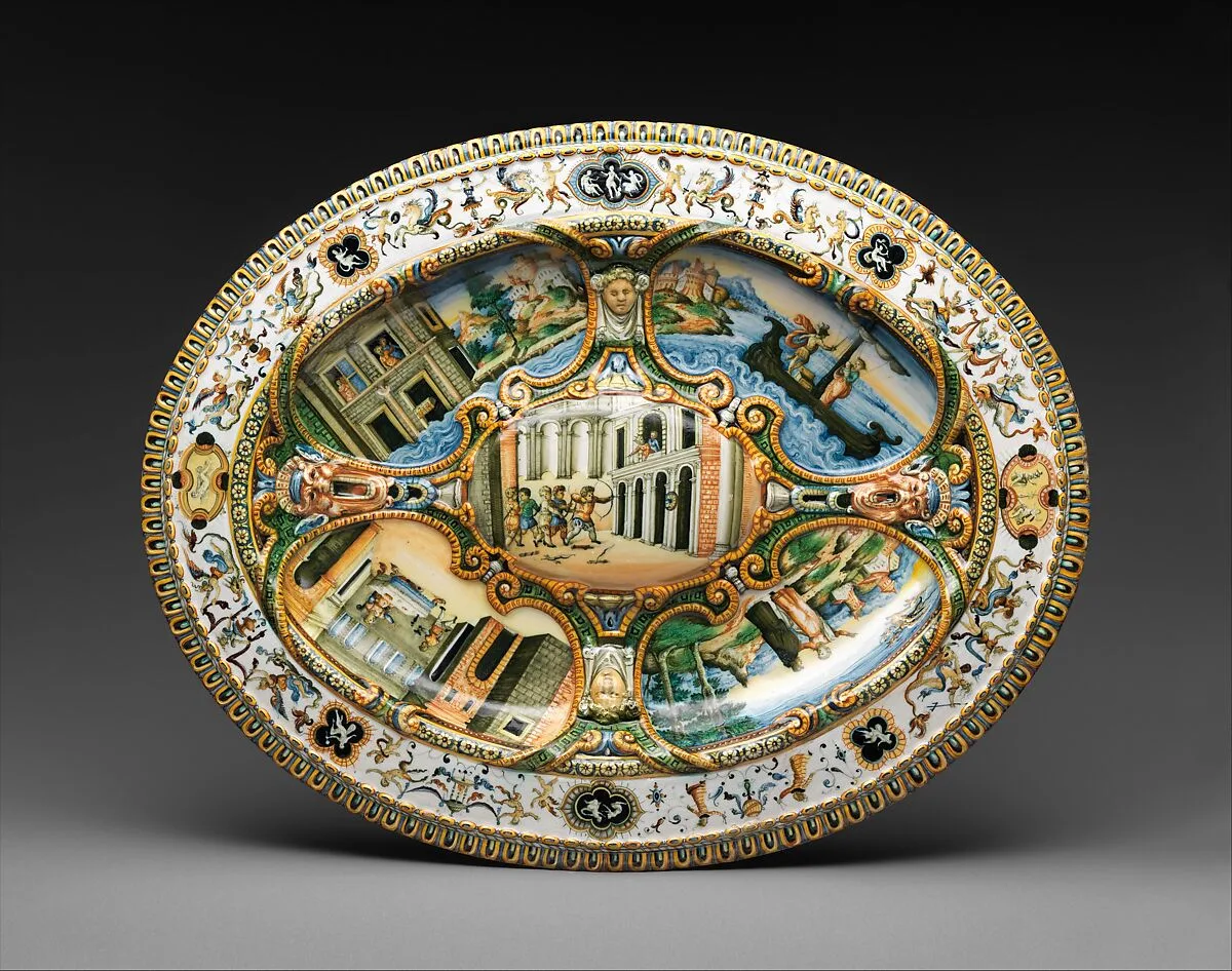Oval basin or dish with subject from Amadis of Gaul — Orazio Fontana