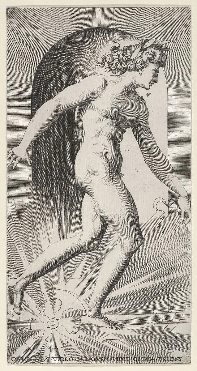 Plate 11: Apollo riding his chariot in a niche, facing right, from "Mythological Gods and Goddesses" — Giovanni Jacopo Caraglio|Rosso Fiorentino