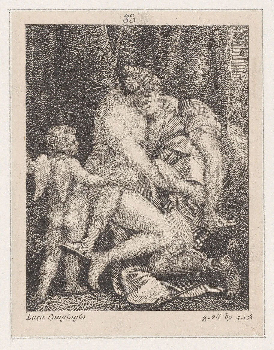 Venus mourning Adonis, seated beneath a tree and embracing him, with Cupid at left — Anonymous|Luca Cambiaso