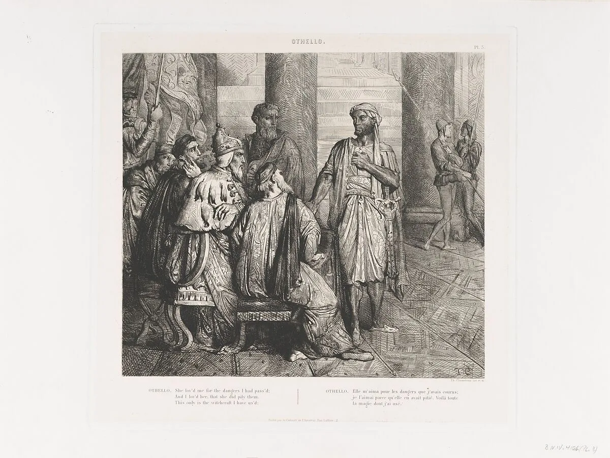 "She lov'd me for the dangers I had pass'd": plate 3 from Othello (Act 1, Scene 3) — Théodore Chassériau|William Shakespeare