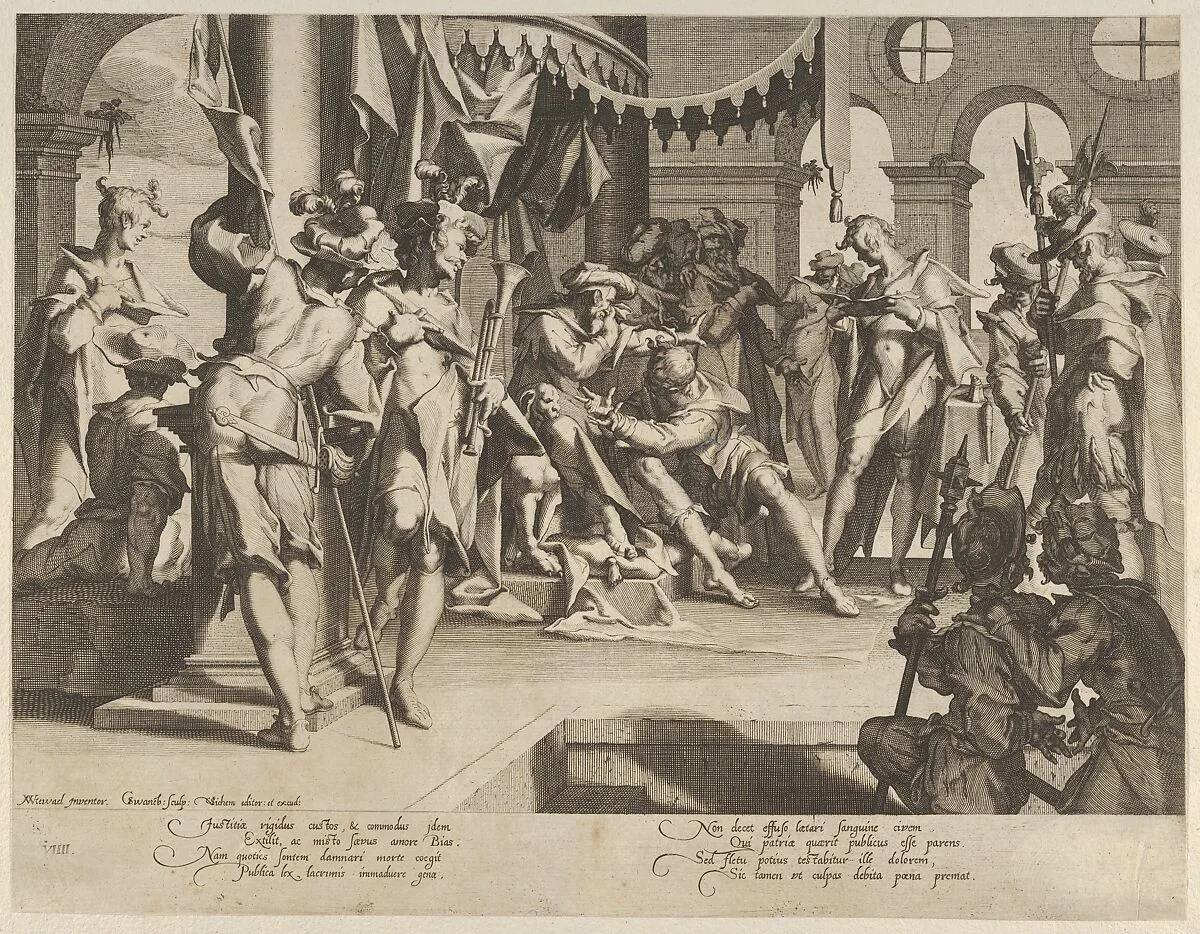 The Judge Bias Shedding Tears, from Thronus Justitiae, tredecim pulcherrimus tabulis..., plate 9 — Joachim Wtewael|Willem van Swanenburg|Christoffel van Sichem I