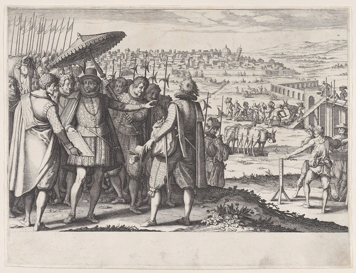 Restauration de L'Aqueduc de Pise (Restoring the Aqueduct in Pisa), from La Vie de Ferdinand Ier de Medici (The Life of Ferdinand I de'Medici) — Jacques Callot|Matteo Rosselli