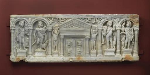 Marble front of a child's columnar sarcophagus with the Seasons