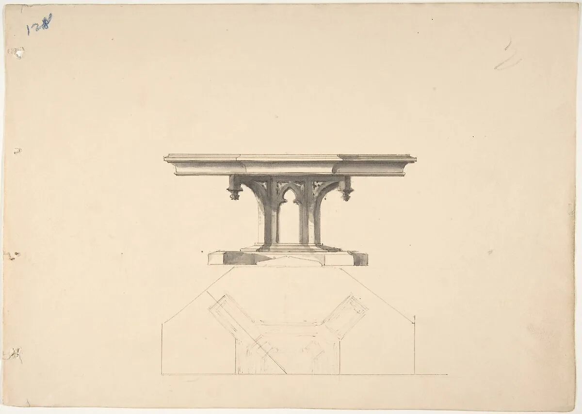 Design for an Octagonal Gothic Pedestal Table: Elevation and Plan — Anonymous, British, 19th century