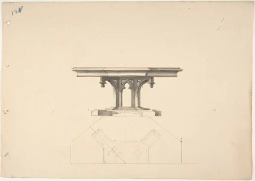 Design for an Octagonal Gothic Pedestal Table: Elevation and Plan