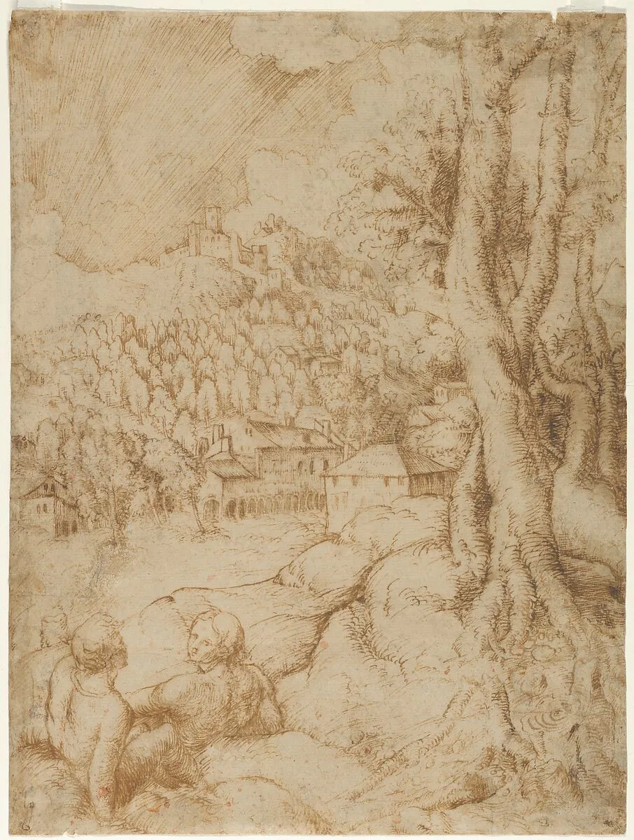 Two Seated Figures in a Landscape with Mountains and a Town (recto); Sketch of a Landscape with Mountains and Buildings (verso) — Anonymous, Italian, Venetian, 16th century
